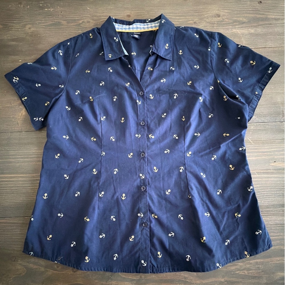 Basic Editions Navy Anchor Print Nautical Button Short Sleeve Women's Size XL